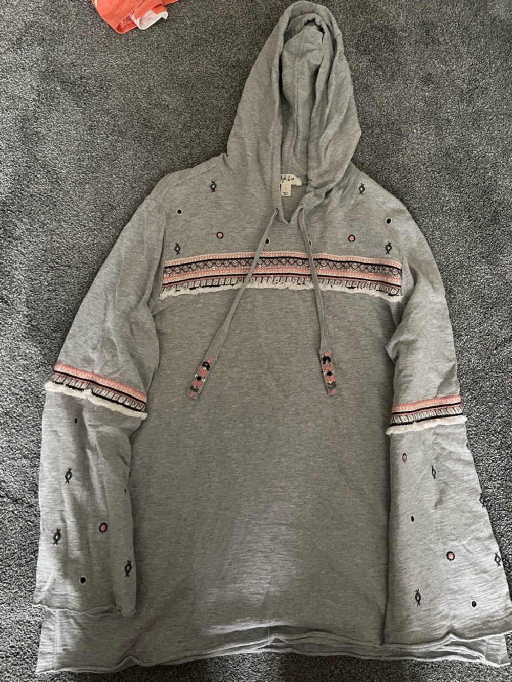Boho Embroidered Gray Hooded pullover